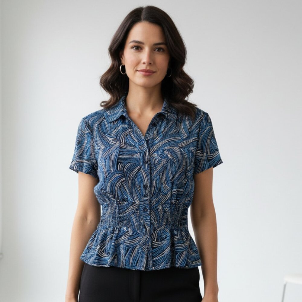 Style Co M 10 Top Blue Abstract Wave SS Rayon Peplum Art Office Eclectic Coastal
